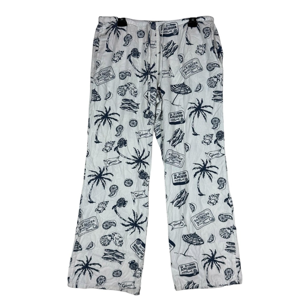 Cali 1850‎ Lounge Pants Mens Large White Linen Nautical Beach Print Drawstring